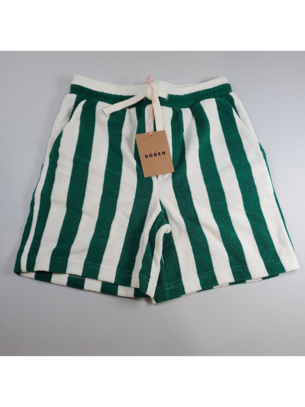 Mini Boden Towelling Shorts Boys Size 7 - 8 Y NWT Green Ivory Stripe Pull on